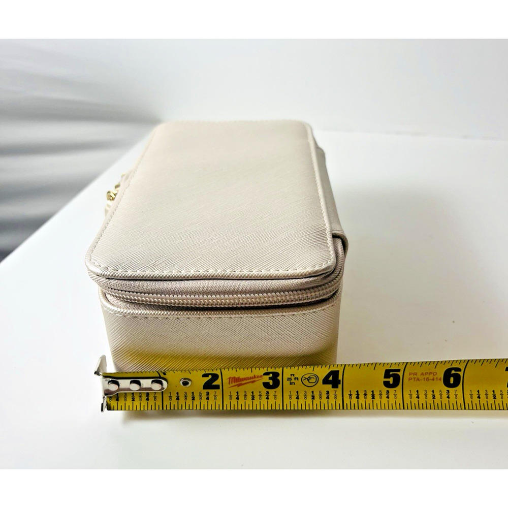Travel Jewelry Organizer Case Beige Faux Leather Zippered Storage Box - Picture 9 of 11